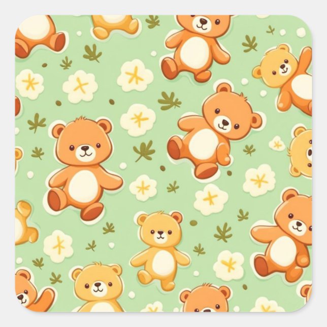 Cute teddy bears and leaves pattern green square sticker (Front)