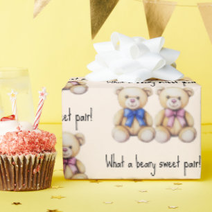 Cute Teddy Bears, Girl & Boy Twins Baby Shower  Wrapping Paper
