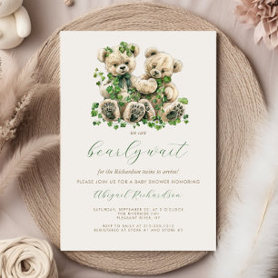 Cute Teddy Bears Green Ivy Twins Baby Shower Invitation