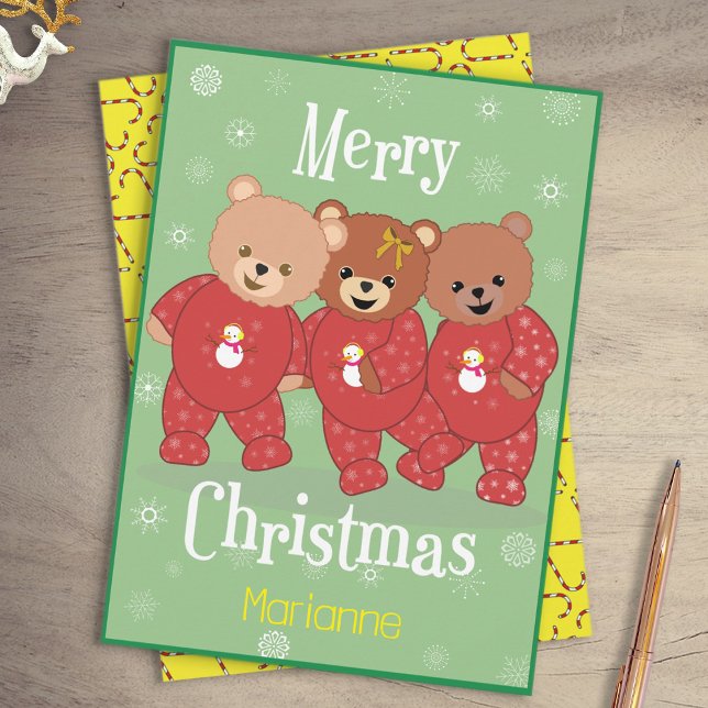 Cute Teddy Bears in Christmas Pyjamas Christmas  Holiday Card (3 Teddies in pyjamas Christmas Card)