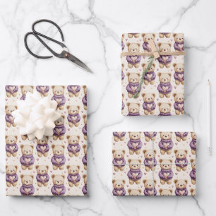 Cute Teddy Bears in Purple Sweaters Wrapping Paper Sheet