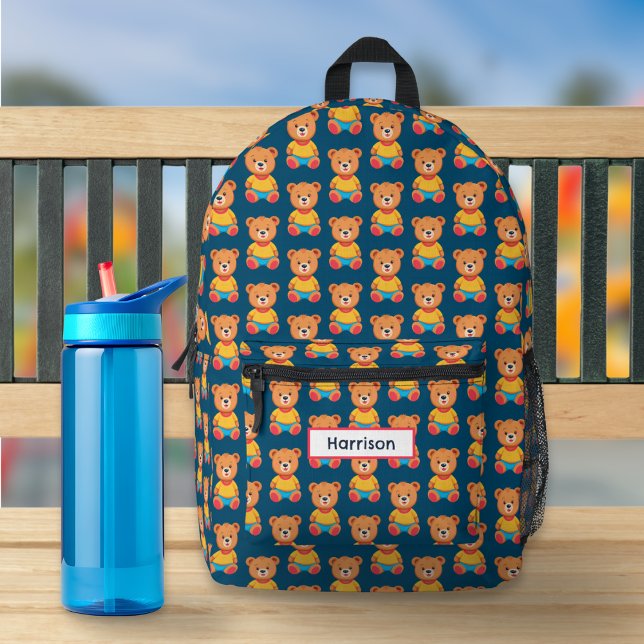 Cute Teddy Bears Kids Patterned Colourful Bright Printed Backpack (A cute backpack with colorful teddy bears design on a navy blue background, and custom name panel)