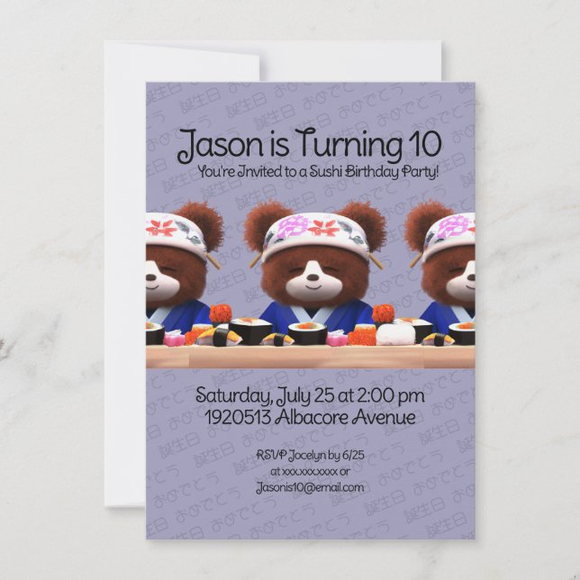 Cute Teddy Bears Sushi Chefs Birthday Party Invitation (Front)