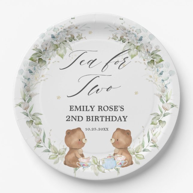 Cute Teddy Bears Tea for Two Birthday Party  Paper Plate (Front)