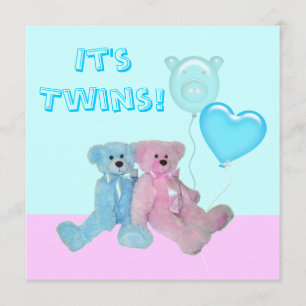Cute Teddy Bears Twin Baby Shower Invitation