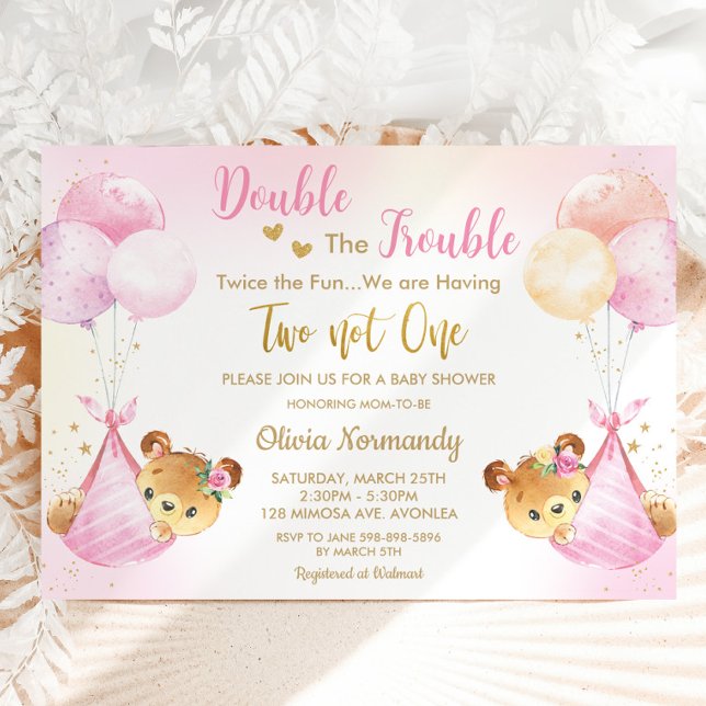 Cute Teddy Bears Twin Girls Twin Pink Baby Shower Invitation (twin girls cute bears balloons double the trouble twice the fun twins baby shower invitation digital)
