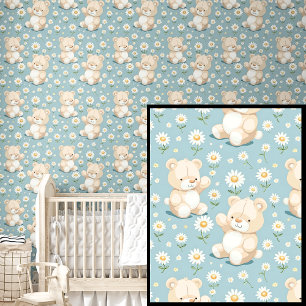 Cute Teddy Bears & White Flowers on Dark Aqua Blue Wallpaper