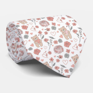 Cute Teddy Bears with Pink Hearts and Floral Tie