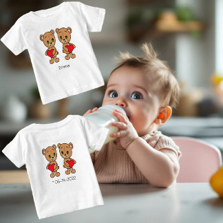 Cute teddy bears with red hearts, personalised  baby T-Shirt