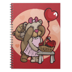 Cute teddy couple in red spiral notebook