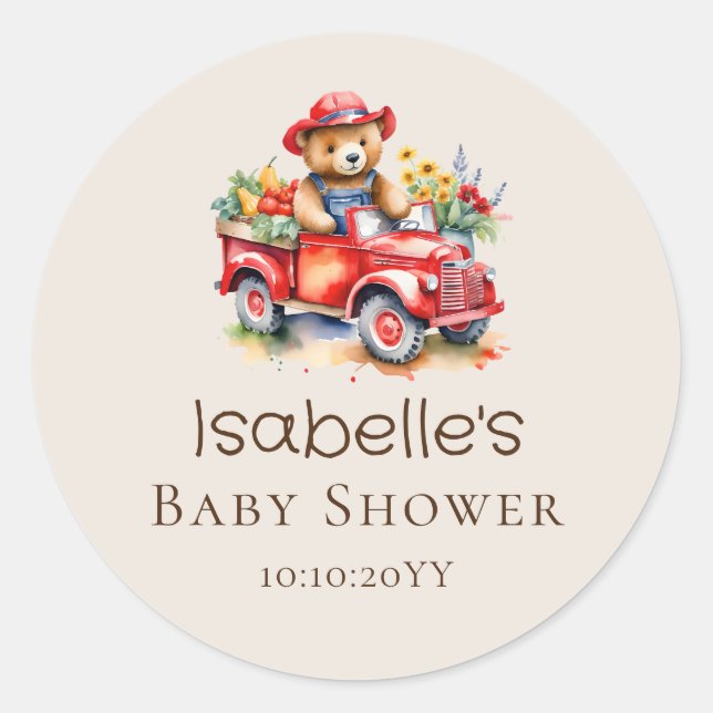 Cute Teddy Locally Grown Baby Shower Red Pickup  Classic Round Sticker (Front)