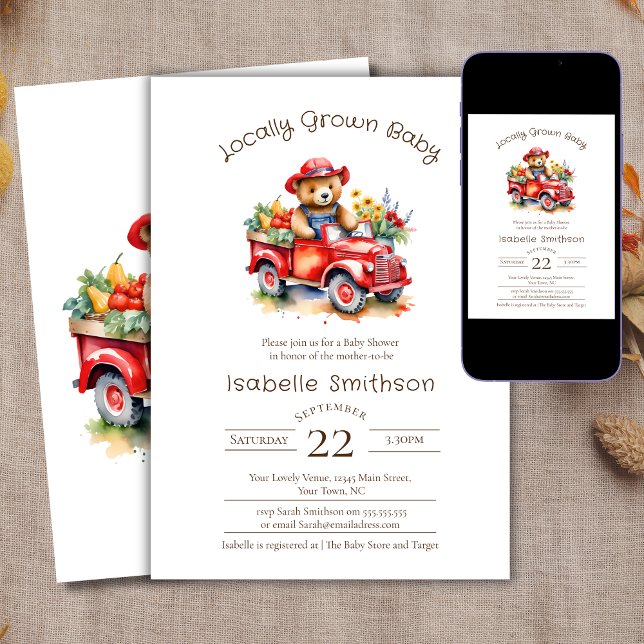Cute Teddy Locally Grown Baby Shower Red Pickup Invitation (Creator Uploaded)