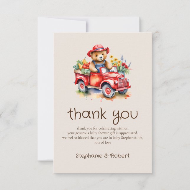 Cute Teddy Locally Grown Baby Shower Red Pickup  Thank You Card (Front)