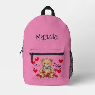 Cute Teddy Personalised Your Name Pink Printed Backpack
