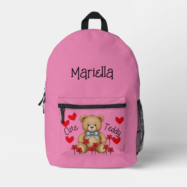 Cute Teddy Personalised Your Name Pink Printed Backpack (Front)