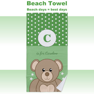 Cute teddy polka dots stars green and white beach towel