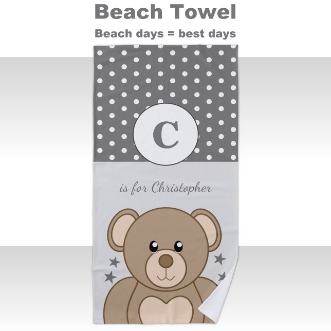 Cute teddy polka dots stars grey and white beach towel (Creator Uploaded)