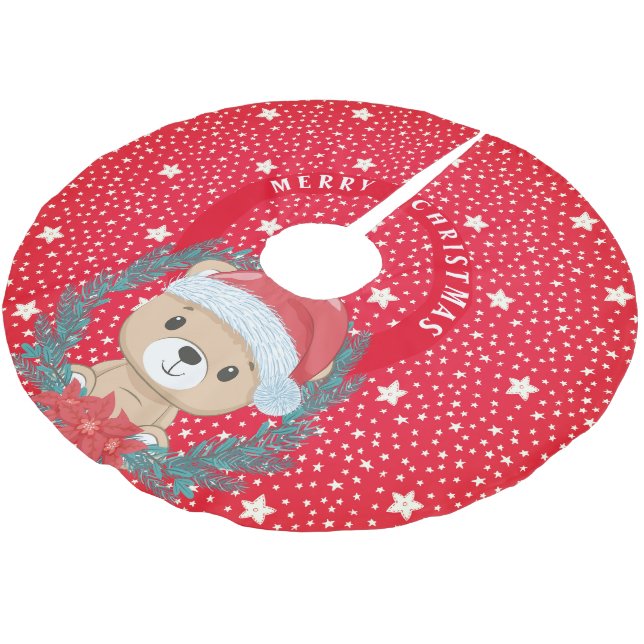 Cute Teddy Red and White Stars Merry Christmas  Brushed Polyester Tree Skirt (Angled)