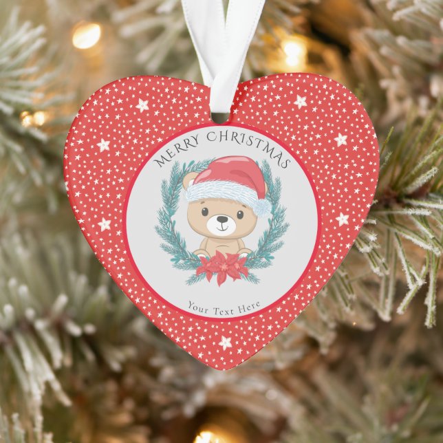 Cute Teddy Red and White Stars Merry Christmas  Ornament (Tree)