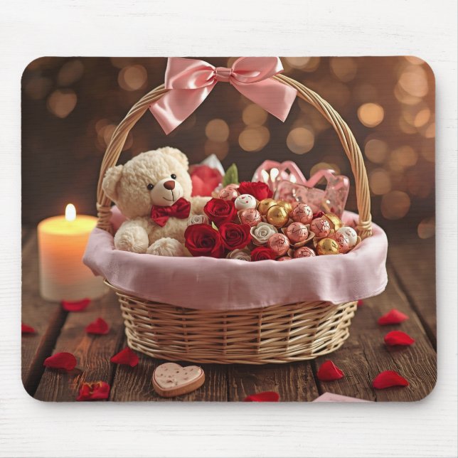Cute Teddy Rose Basket Romantic Valentine Office Mouse Pad (Front)