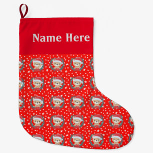 Cute Teddy Santa Red and White Stars Large Christmas Stocking