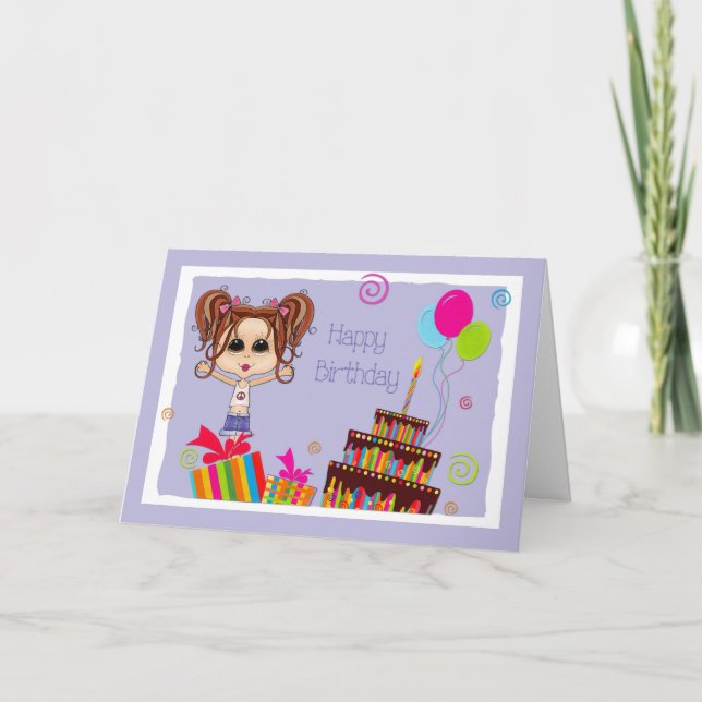 Cute Teen, Brunette, Cake, Presents, Happy Birthd Card (Front)