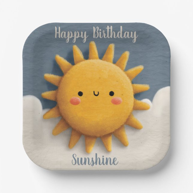 Cute Textured Sun with a Smiling Face and Text Paper Plate (Front)