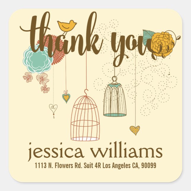Cute Thank You Design Wedding Birds & Flowers Square Sticker (Front)