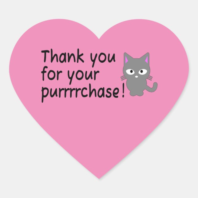 Cute Thank You pink sticker template with grey cat (Front)