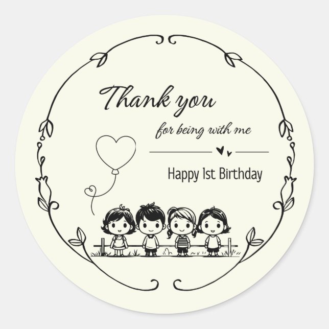 Cute Thank You Sticker for Baby’s 1st Birthday (Front)