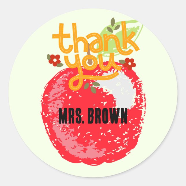 Cute Thank You Teacher Apple Classic Custom Round Sticker (Front)