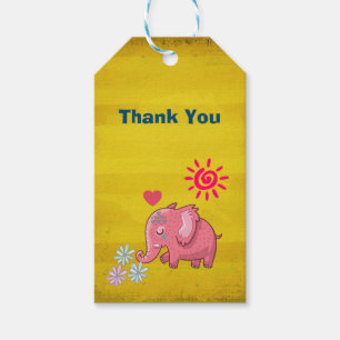 Cute Thank You with Pink Elephant and Flowers Gift Tags