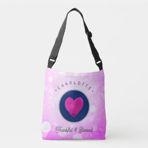 Cute Thankful and Blessed Heart Add Your Name Pink Crossbody Bag