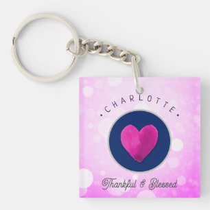 Cute Thankful and Blessed Heart Add Your Name Pink Key Ring