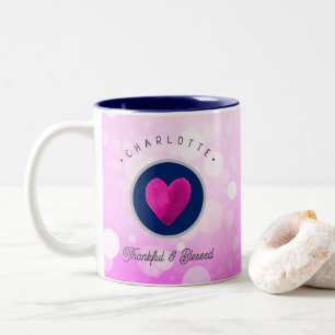 Cute Thankful and Blessed Heart Add Your Name Pink Two-Tone Coffee Mug