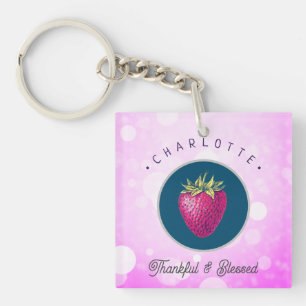 Cute Thankful and Blessed Strawberry Add Your Name Key Ring