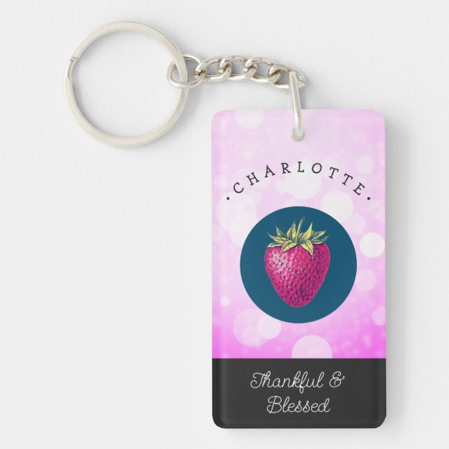 Cute Thankful and Blessed Strawberry Add Your Name Key Ring (Front)