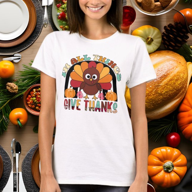 cute Thankful turkey Thanksgiving word art T-Shirt (Creator Uploaded)