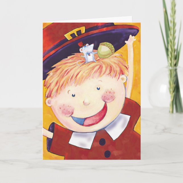 Cute Thanksgiving boy with mouse custom card (Front)