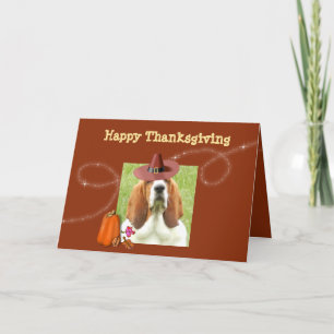 Cute Thanksgiving Card w/Basset, Pumpkin, & Pie