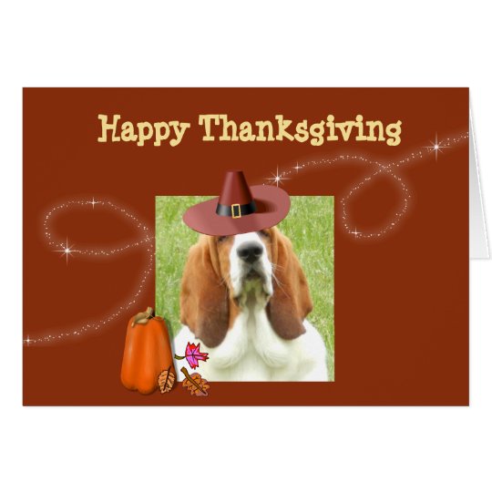 Cute Thanksgiving Card w/Basset, Pumpkin, & Pie