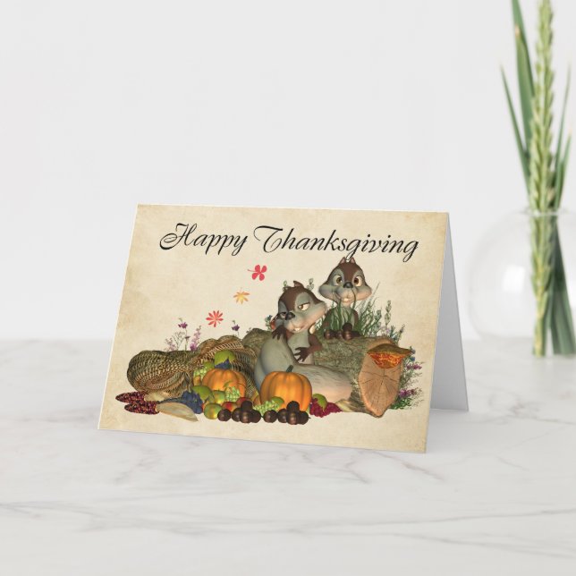 Cute Thanksgiving Card With Cornucopia, Squirrels (Front)