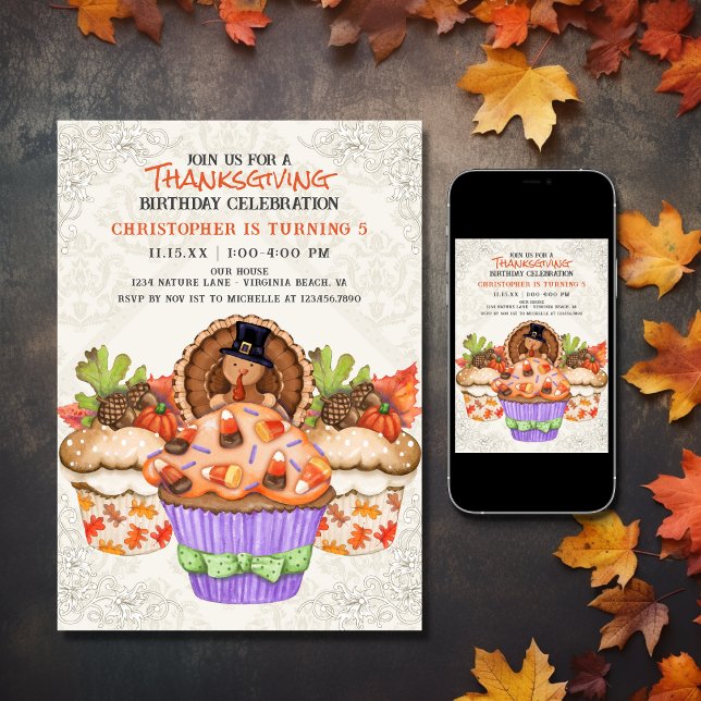 Cute Thanksgiving Cupcakes Holiday Birthday Invitation (Printed and Digital - Cute Thanksgiving Cupcakes Holiday Birthday Invitation)