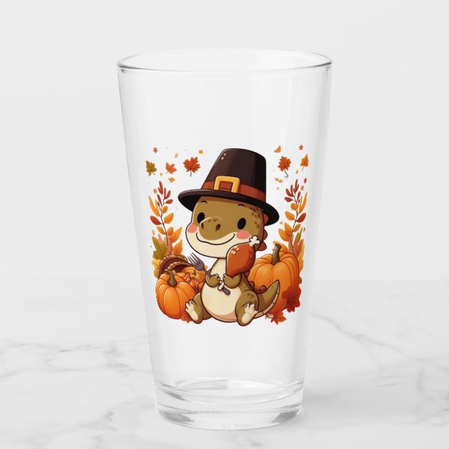Cute Thanksgiving Dinosaur Glass (Front)
