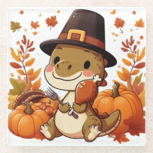 Cute Thanksgiving Dinosaur Glass Coaster