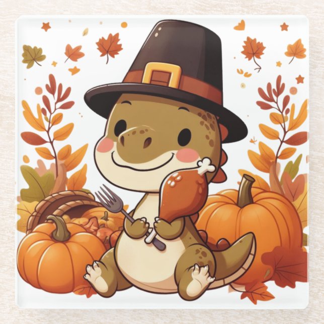 Cute Thanksgiving Dinosaur Glass Coaster (Front)