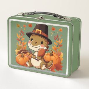 Cute Thanksgiving Dinosaur Metal Lunch Box