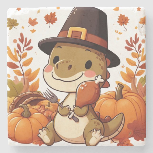 Cute Thanksgiving Dinosaur Stone Coaster (Front)
