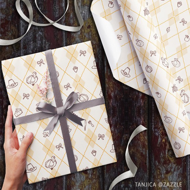 Cute Thanksgiving Doodles Diamond Pattern Wrapping Paper (Creator Uploaded)