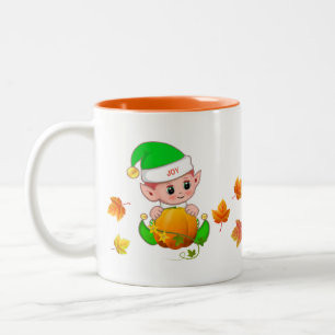 Cute Thanksgiving Elf with Pumpkin & Fall Leaves Two-Tone Coffee Mug